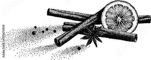 Black and white spice illustration featuring cinnamon sticks and star anise for design projects