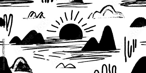 Minimalist abstract landscape with horizon line in black and white design