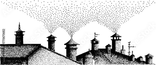 Black and white city rooftops in snow with vintage pointillism effect