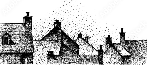 Black and white winter cityscape of snow-covered rooftops for seasonal design