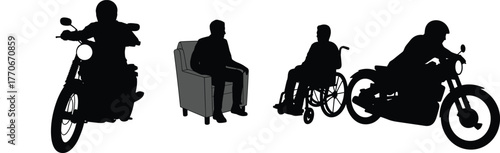 Silhouettes of Motorcyclists, Seated Person, and Wheelchair User Depicting Mobility, Lifestyle, Accessibility, and Transportation in Vector Illustration Format