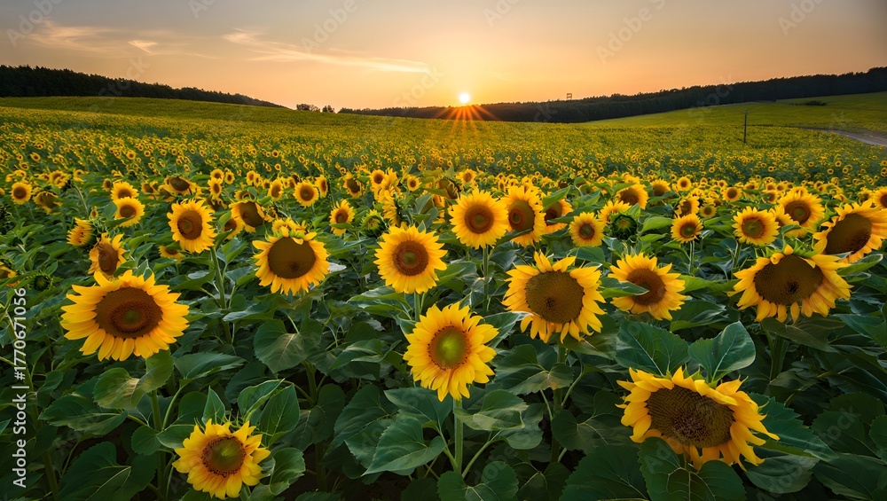 Fototapeta premium Vast field of sunflowers at sunset with rolling hills in the background