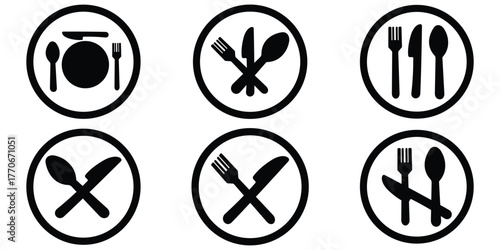 Cutlery and Tableware Icon Set – Fork, Knife, Spoon, and Plate Vector Symbols for Menu and Restaurant Design