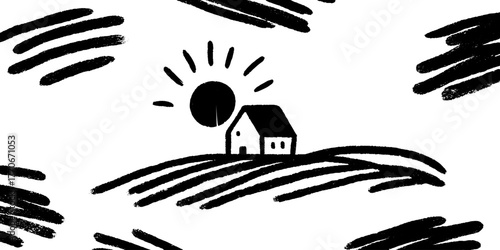 Minimalist abstract black and white landscape with small house design for art prints
