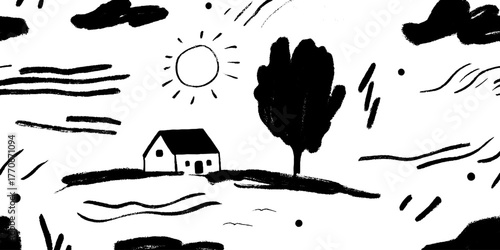 Minimalist abstract black and white landscape with small house and tree