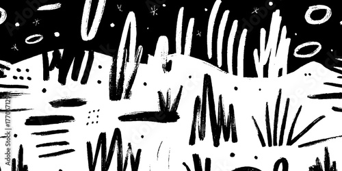 Minimalist abstract black and white landscape with tree silhouettes for artistic design