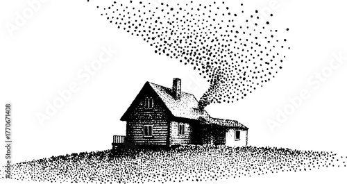 Black and white illustration of cozy wooden cabin in scandinavian style with halftone effect