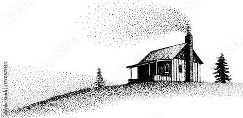 Cozy scandinavian wooden cabin on hill in black and white stipple art - perfect for prints and decor