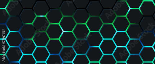 Dark technology hexagonal vector abstract background. Green bright energy flashes under hexagon in dark technology futuristic modern background vector illustration. Gray honeycomb texture grid.