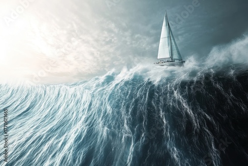 Sailboat navigating through towering waves under a dramatic sky