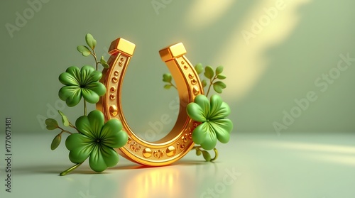 A golden horseshoe adorned with green clovers, symbolizing luck and prosperity, set against a soft green backdrop.