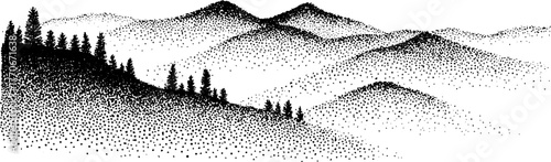 Black and white stipple illustration of delicate mountain contour scene