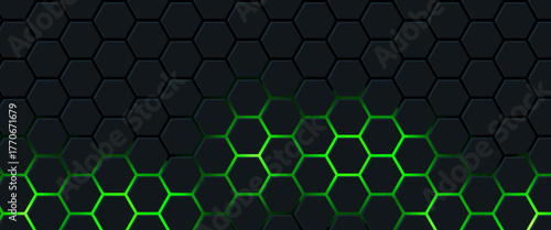 Dark technology hexagonal vector abstract background. Green bright energy flashes under hexagon in dark technology futuristic modern background vector illustration. Gray honeycomb texture grid.