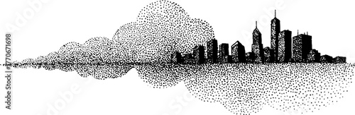 Urban skyline shrouded in dense fog - black and white dotwork art