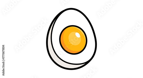 Vibrant cartoon illustration of a cut hard-boiled egg with yellow yolk centered on a white backdrop