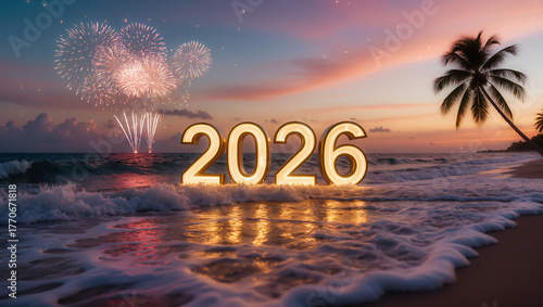 Golden 2026 numbers on tropical beach at sunset, fireworks lighting up the sky, palm tree silhouette, festive New Year celebration scene.	