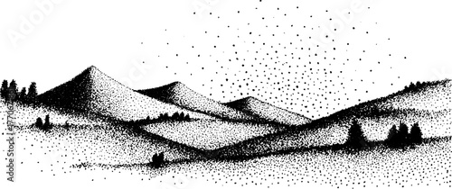 Serene black and white landscape with distant hills and soft glow