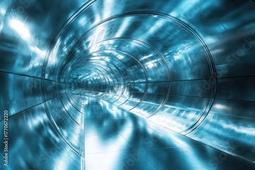 Cylindrical metallic tunnel reflecting blue light in an abstract futuristic environment