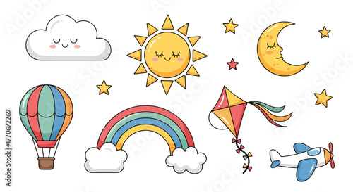 Whimsical Adventure: A Collection of Joyful Sky Elements with a Dreamy Aesthetic