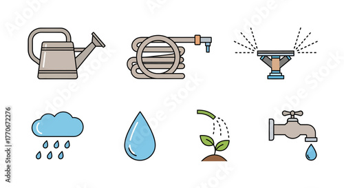 Water conservation vector icons promoting ecological balance and sustainable practices for