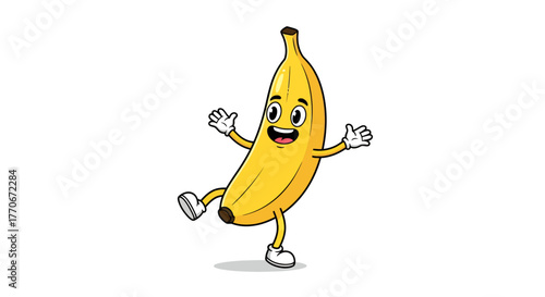 Whimsical banana cartoon character with cheerful expression and playful gesture