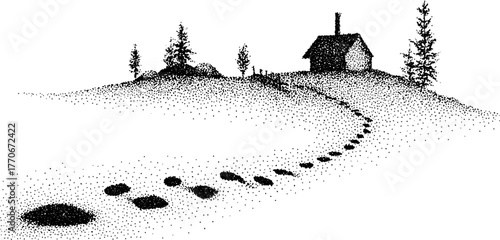 Winter landscape with footprints leading to cabin in black and white