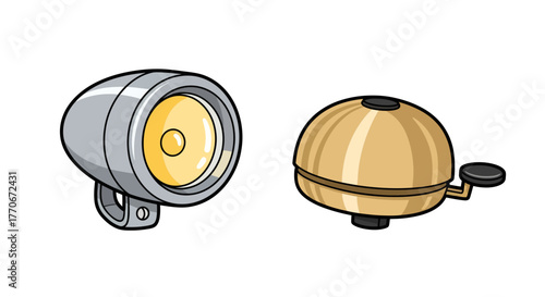 Whimsical Bicycle Accessories: A Cartoonish Light and Bell Duo on White Background