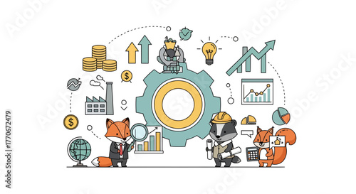 Whimsical Business Vector Illustration Featuring Animal Characters in Various Roles