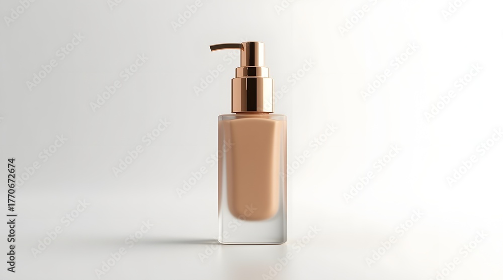 Naklejka premium Elegant glass bottle of foundation with a gold pump on a soft white background, showcasing beauty and luxury.