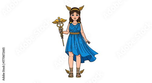 Whimsical depiction of a girl in ancient greek attire holding a caduceus staff for illustration