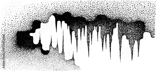 Monochrome frozen cave interior with stalactites and stalagmites