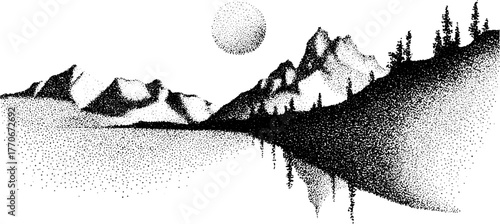 Black and white dotwork of frozen lake and reflected mountains for winter scene design