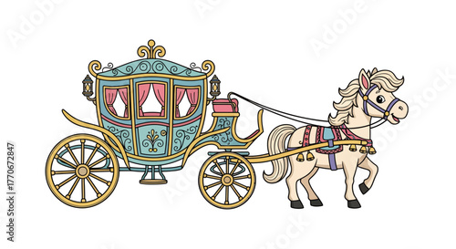 Whimsical Horse-Drawn Carriage Illustration with Intricate Detailing and Pastel Palette