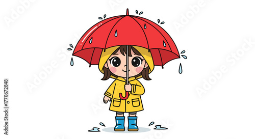Whimsical illustration of a girl enjoying a rainy day under her vibrant red umbrella cartoon style
