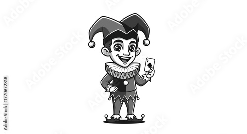 Whimsical jester character vector illustration holding ace of spades with playful expression