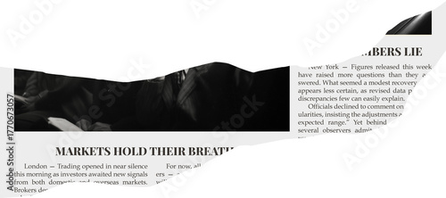 A torn piece of old newspaper with a photo and dummy text, isolated on a transparent background.