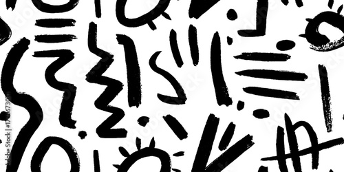 Minimalist abstract black and white pattern with broken lines and shapes