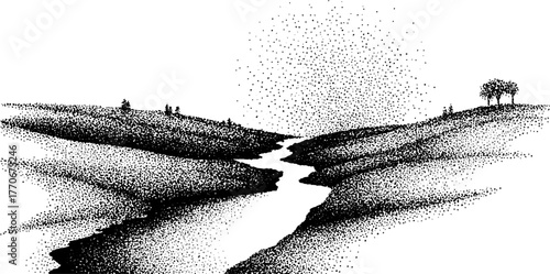 Black and white glacier valley landscape with stream - nature dotwork art for design