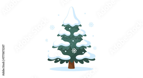 Stylized evergreen tree blanketed in fresh snow, ideal for winter and holiday themed designs