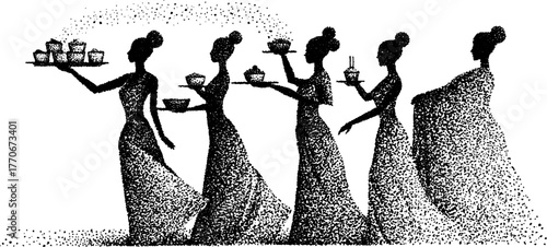 Greek muses offering cupcakes - black and white dotwork illustration for art lovers