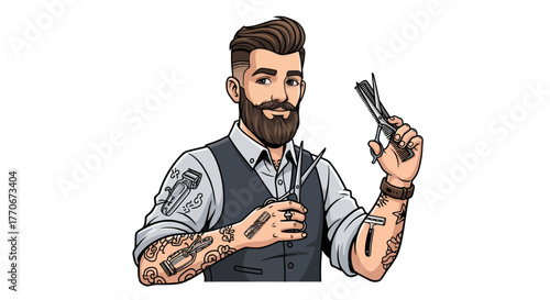 Stylized illustration showcasing a modern barber with scissors and a comb ready to groom