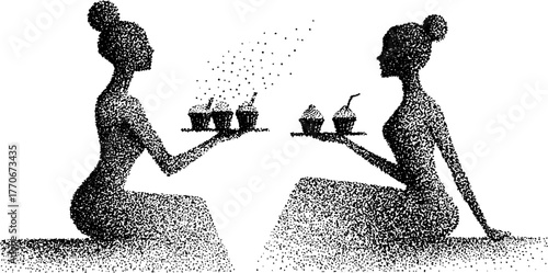 Black and white greek muses with cupcakes in vintage dot art style