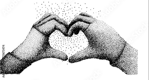 Black and white dotwork illustration of hands in mittens forming a heart gesture
