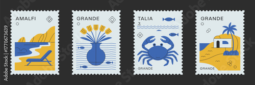 Italy Travel Poster Vector Collection – Vintage-style illustrations with Amalfi Coast, Sicily landmarks, lemon motifs, and engraved textures ideal for postcards, wall art, and decorative prints.