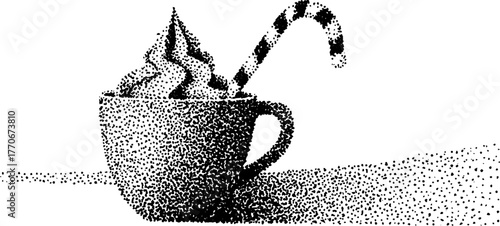 Black and white dotwork illustration of hot drink with whipped cream