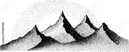 Monochrome dotwork illustration of majestic icy mountain peaks
