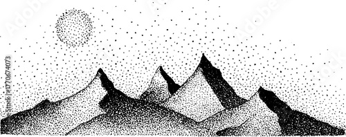 Majestic icy mountain peaks under a starry sky in black and white art