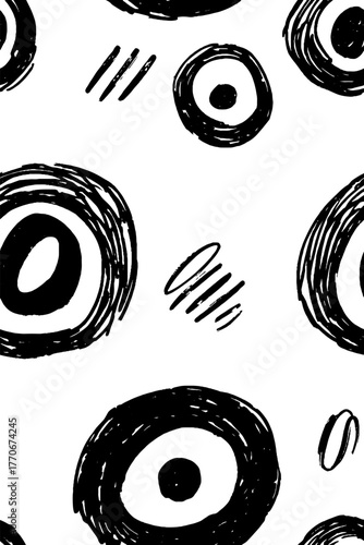 Minimalist abstract black and white pattern with scribbled circles for modern design