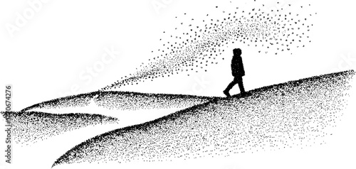 Lone figure walking across landscape in black and white dotwork style