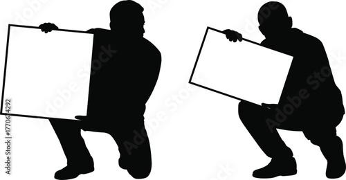 Vector silhouette illustration of two squatting people holding blank signs for protest concept, message display theme, and communication design layout